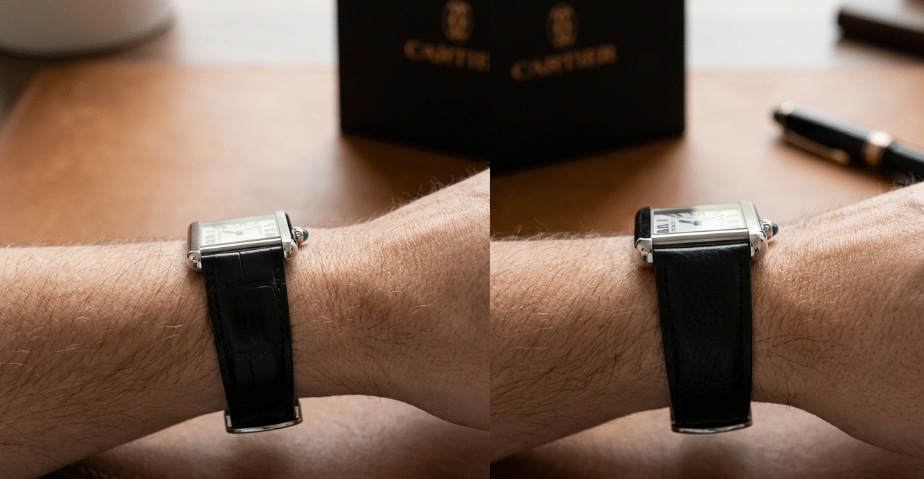 Side-by-side comparison of a genuine Cartier Tank Solo profile (approx. 8mm) next to a thicker replica profile (approx. 12mm), highlighting the stark difference in case silhouette and how it sits on the wrist.