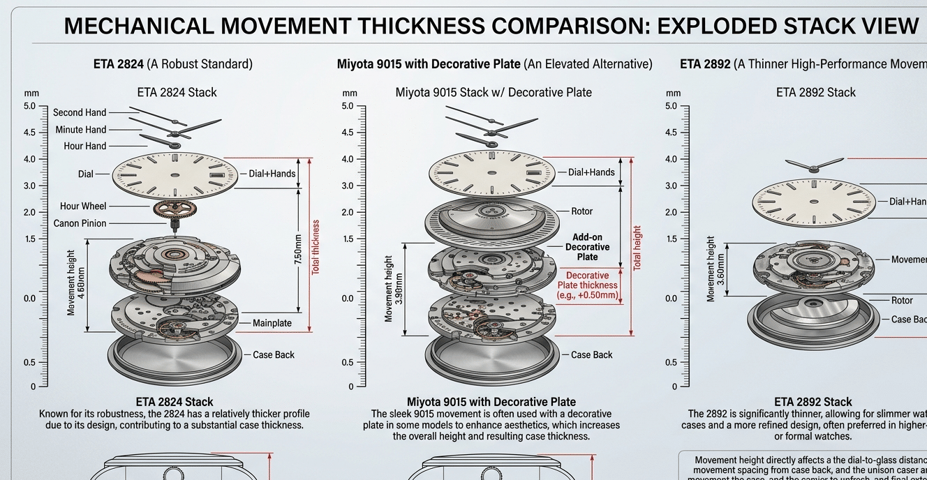 Exploded diagram comparing the height stack of a 2824 movement, a 9015 with decorative plate, and a 2892 movement, showing how each contributes to overall case thickness.
