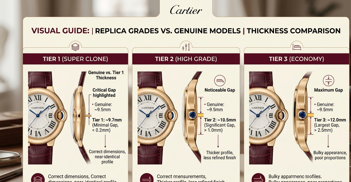 A three-column visual guide showing Tier 1, Tier 2, and Tier 3 Cartier models with their genuine thickness vs. standard replica thickness, highlighting the critical gap for Tier 1 models.
