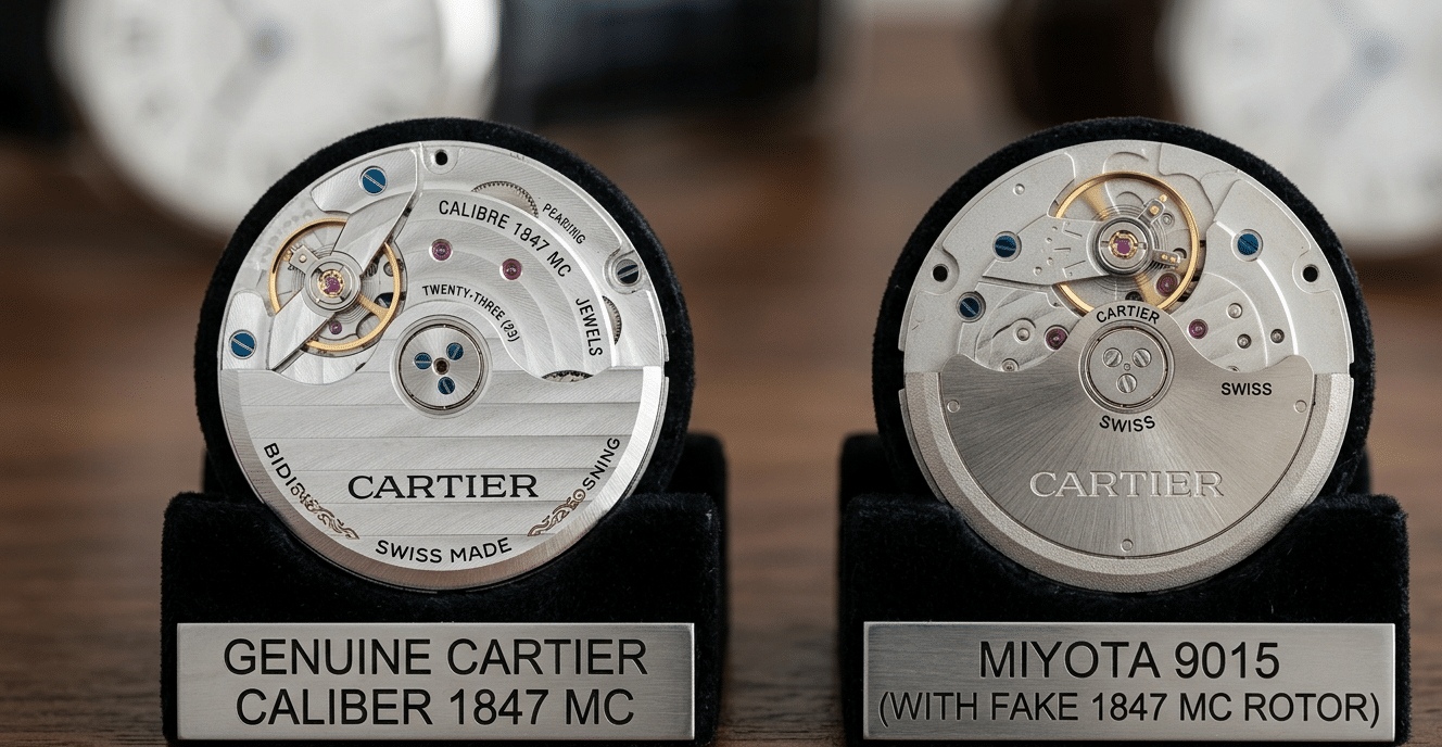 Side-by-side comparison of a genuine Cartier 1847 MC movement and a Miyota 9015 with a fake "1847 MC" rotor