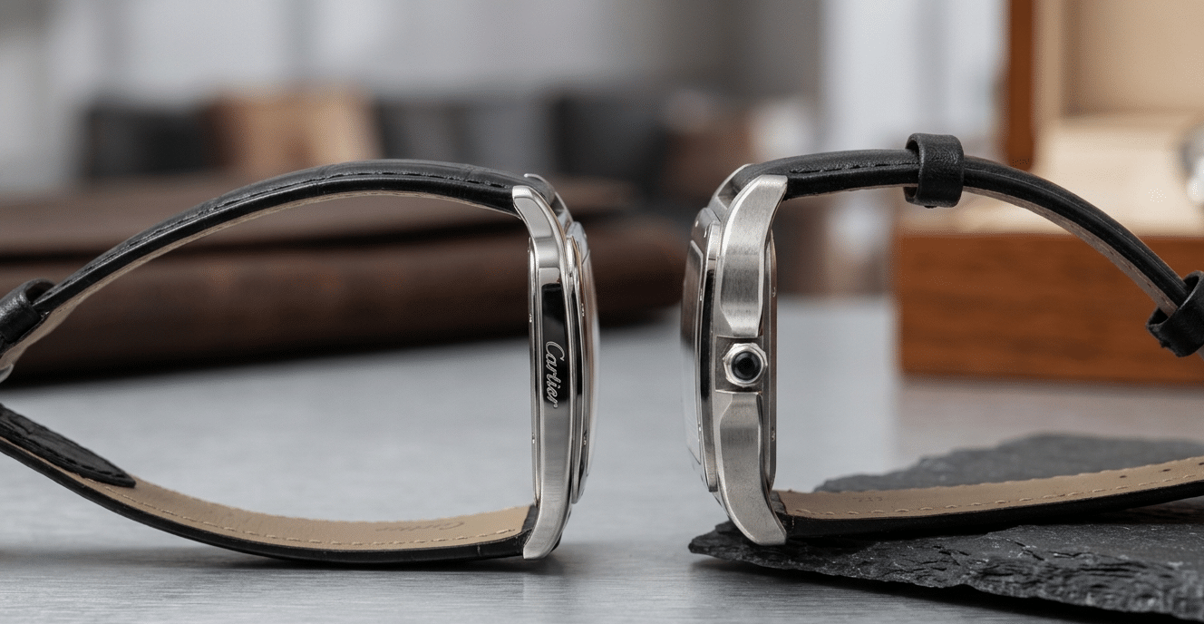 A side-profile comparison showing the significant thickness difference between a slim genuine Cartier case and a chunkier replica case, highlighting the wearability compromise.