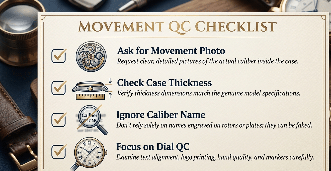A checklist graphic with icons for "Ask for Movement Photo," "Check Case Thickness," "Ignore Caliber Name," "Focus on Dial QC"