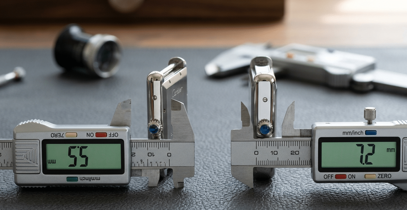 Side-by-side macro shot comparing the sleek profile of a gen Cartier Tank to a thicker replica case, with calipers measuring the difference