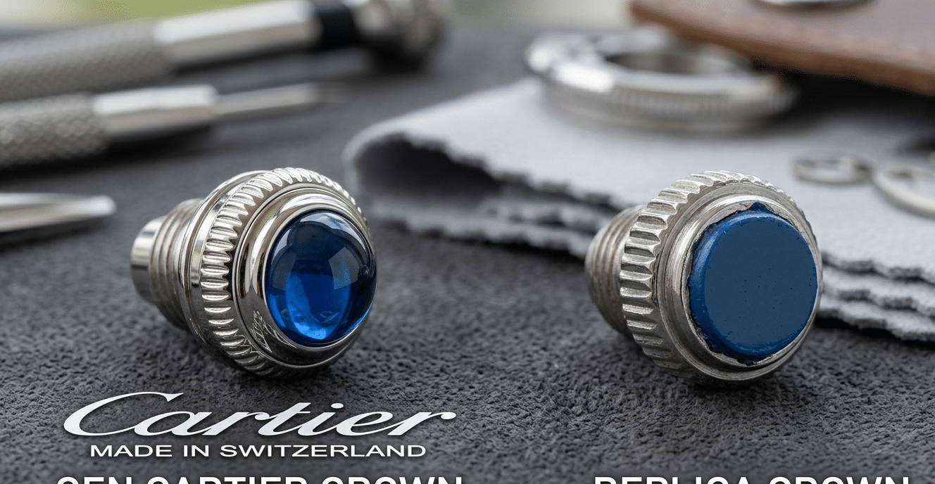 Macro comparison of crown cabochons: gen Cartier's deep, smooth blue spinel vs. a replica's flat, painted blue piece