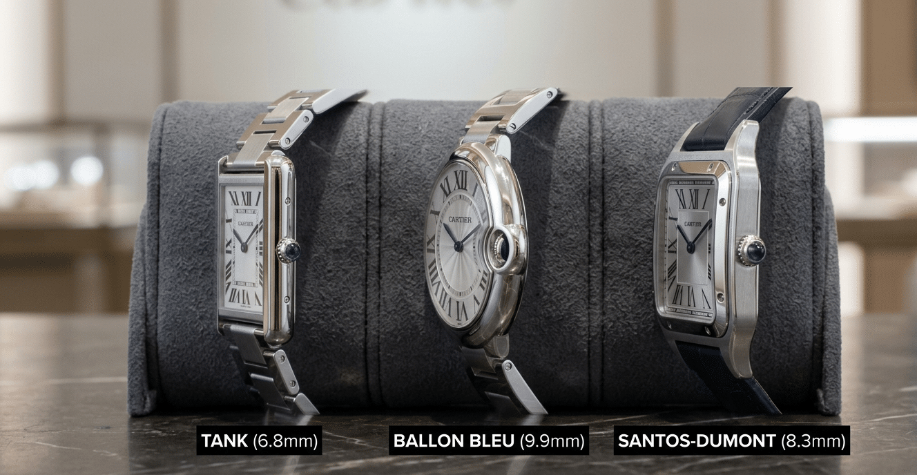 Side-by-side comparison of Cartier Tank, Ballon Bleu, and Santos case profiles, highlighting their unique thickness and shape constraints.