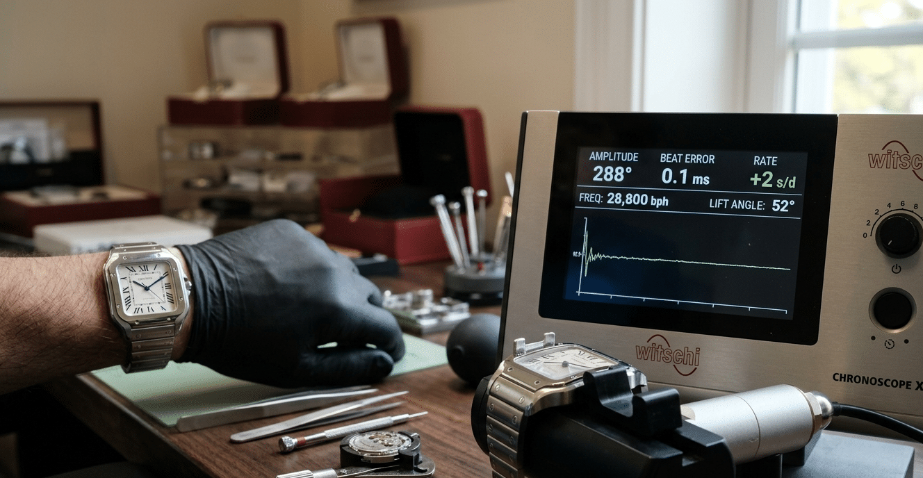 A close-up of a watch timing machine showing amplitude and beat error readings, with a wrist-worn Cartier Santos in the background, symbolizing the transition from lab test to real-world wear
