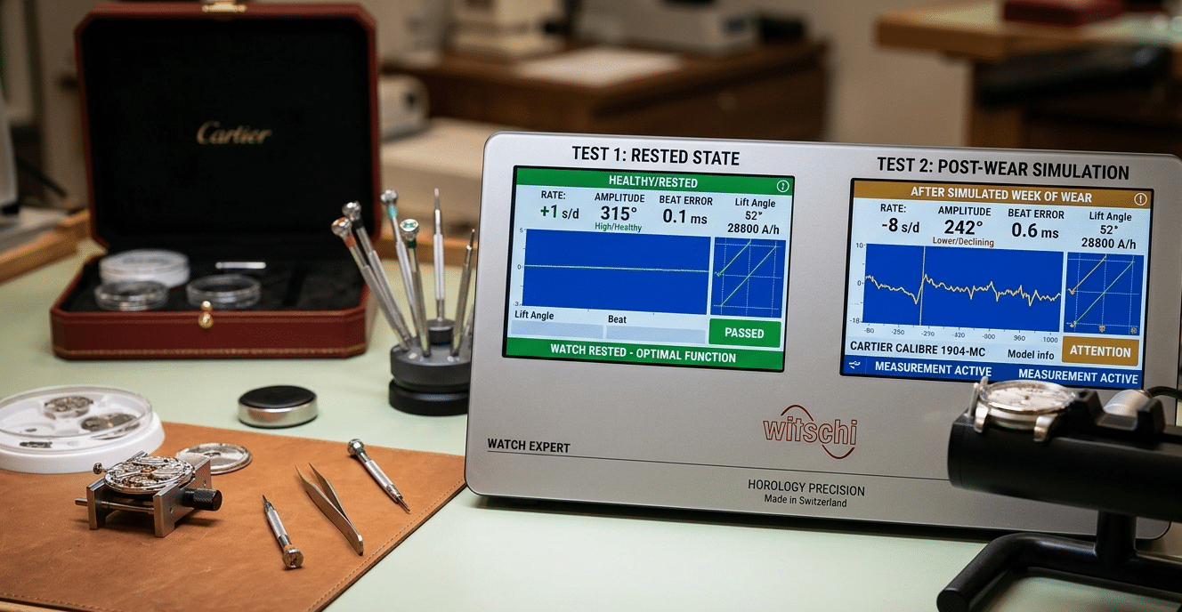 A close-up shot of a watchmaker's timegrapher screen showing two readings: one with a healthy, high amplitude from a rested watch, and another with a lower, declining amplitude labeled "After Simulated Week of Wear"