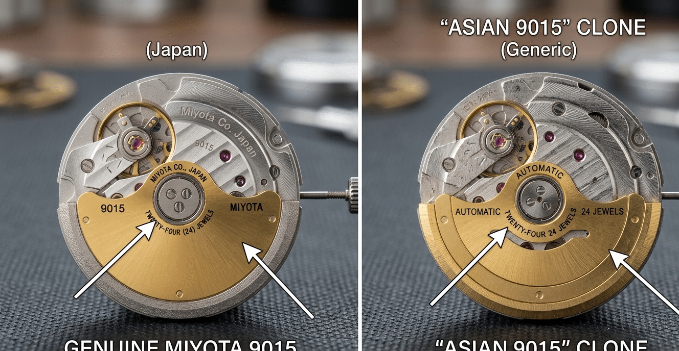 A comparison image showing a genuine Miyota 9015 movement (left) next to a generic "Asian 9015" clone (right), with arrows pointing to the rotor bearing and main bridge finish