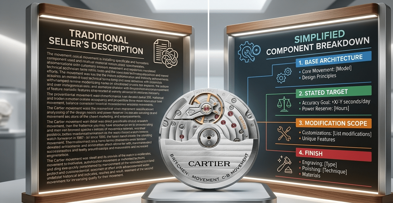 Side-by-side comparison of a seller's text-heavy movement description and a simple, color-coded breakdown of its four informational components: Base Architecture, Stated Target, Modification Scope, and Finish.