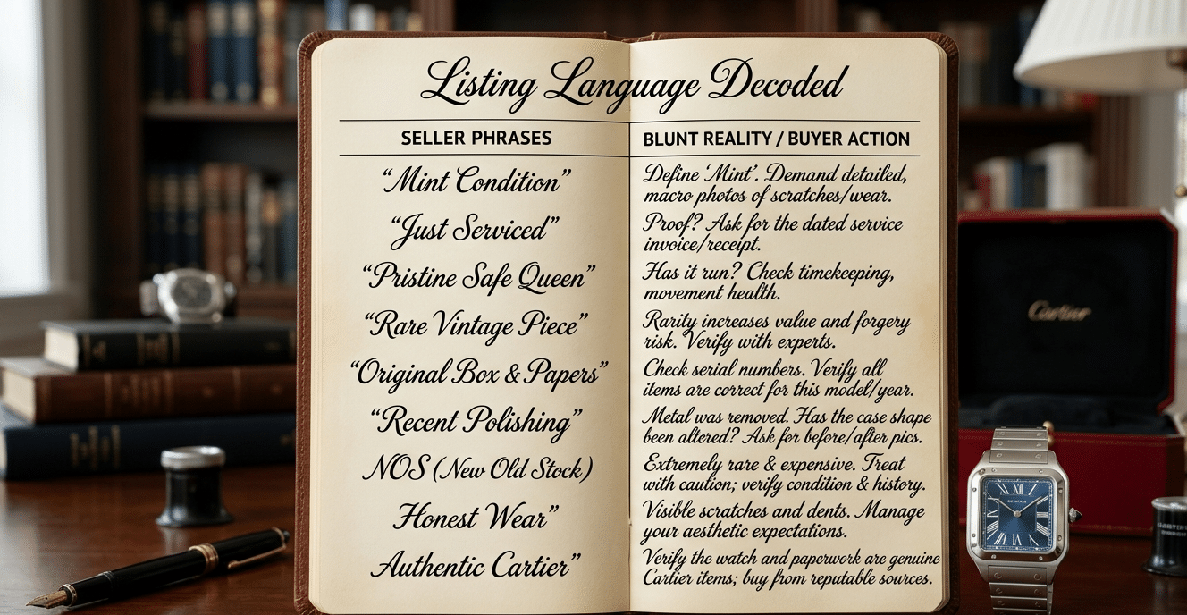 A two-column table titled "Listing Language Decoded," with examples of seller phrases on the left and blunt, practical translations/actions for the buyer on the right.