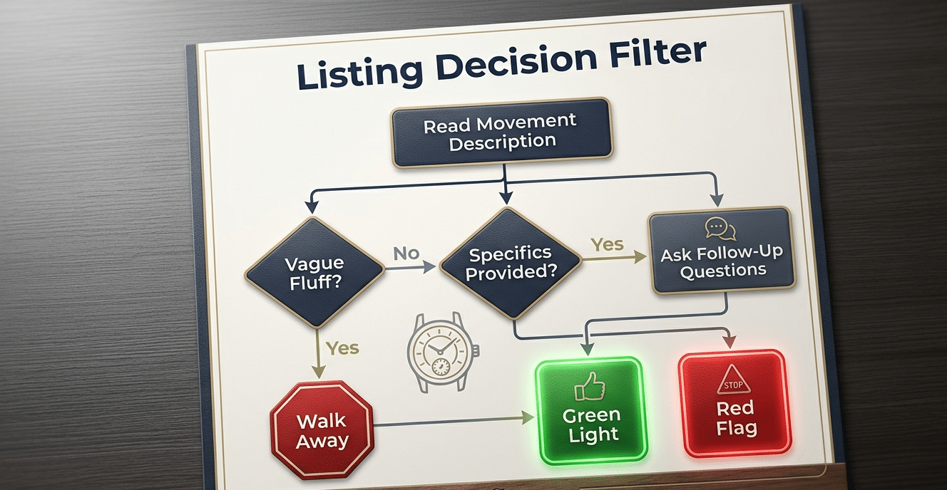 A simple flowchart titled "Listing Decision Filter" starting with "Read Movement Description," branching to "Vague Fluff?" (Yes->Walk Away), "Specifics Provided?" (Yes->Ask Follow-Up Questions), leading to final "Green Light" or "Red Flag" outcomes.”></p>
<p>The filter is now yours. You are no longer just reading listings; you are auditing them. The decorative language, the impressive jargon, the vague promises—they become background noise. Your focus sharpens to the few concrete signals that matter: the named movement, the acknowledged modification, the provided evidence, the model-specific fix. Let the red flags clear your field of view. Let the green lights guide your curiosity. Your next purchase begins not with a search for perfection, but with the disciplined application of this filter. Open a listing. Start asking. The truth is in the specifics.</p>
<p></body></html></p>
</body></html>
