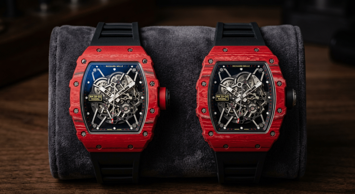 Side-by-side comparison of a genuine Richard Mille RM 35-02 and a high-end replica, highlighting the visual similarities from a distance but alluding to the tangible differences in hand.