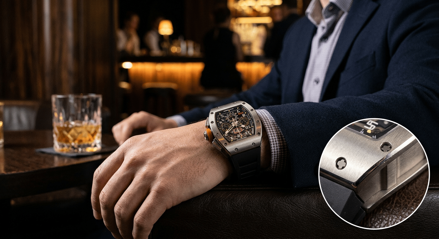 A wrist shot of a Richard Mille replica in a social setting, emphasizing its bold look from a distance, contrasted with a close-up inset showing flawed finishing.