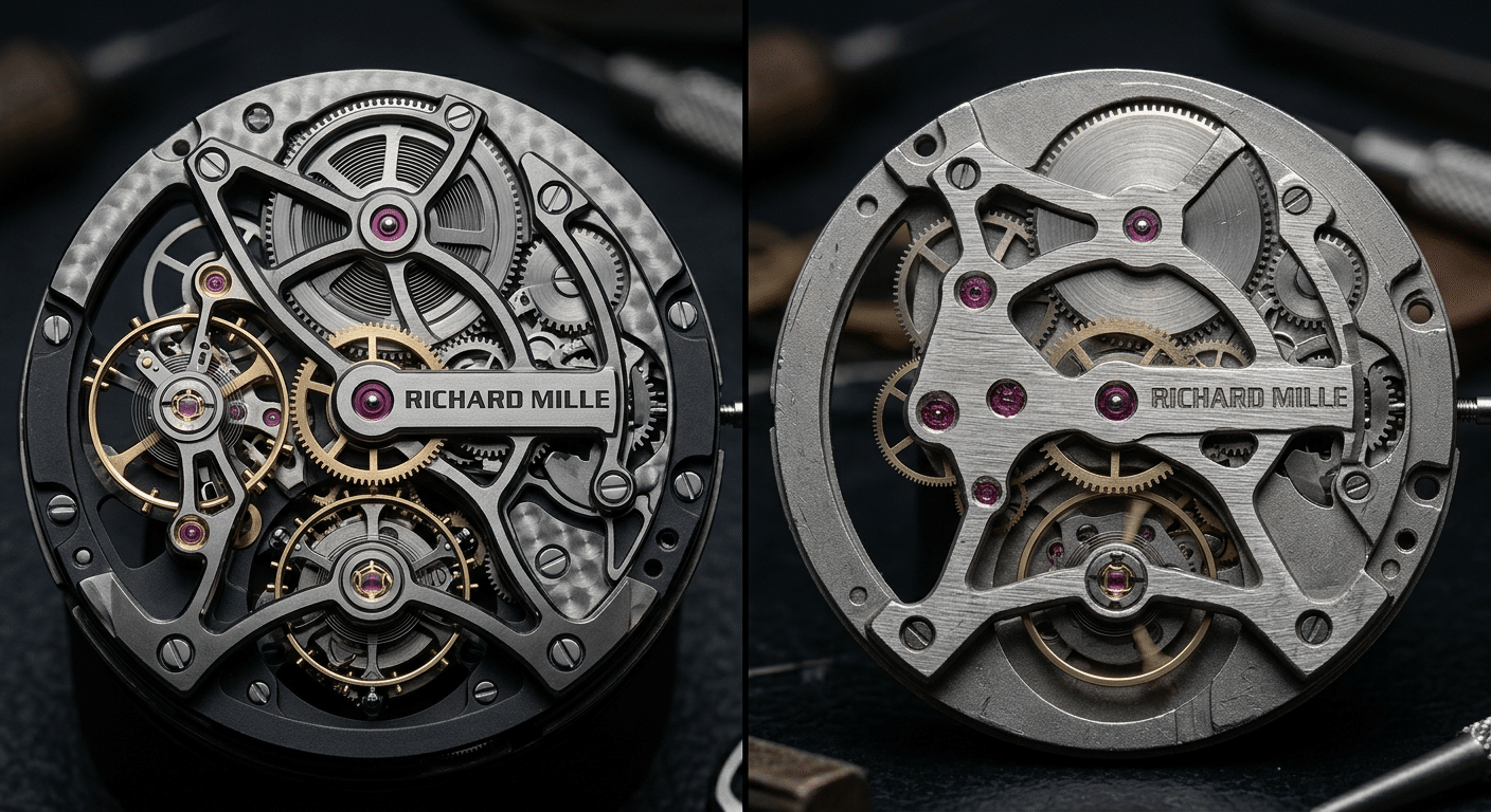 Macro shot comparing a genuine RM skeletonized movement with a replica movement, highlighting the difference in finishing, depth, and architectural coherence.