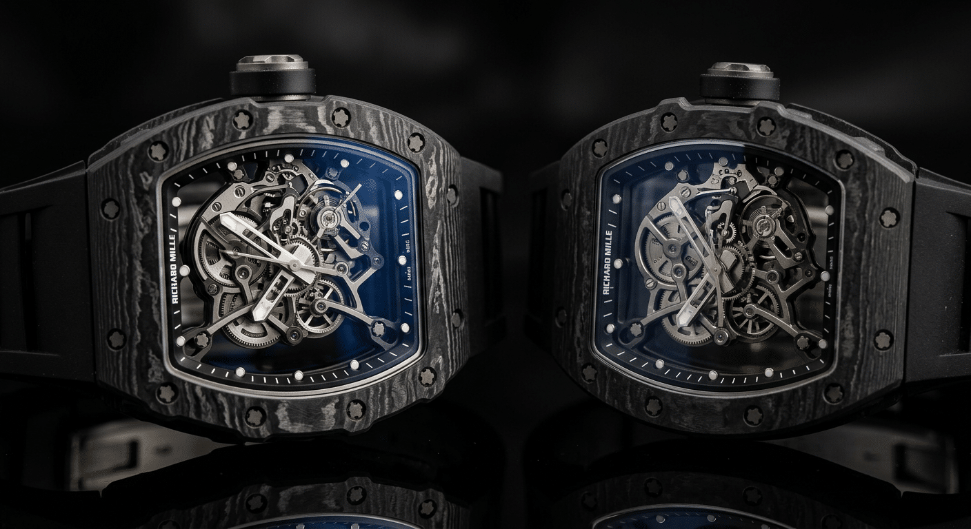 A stark, high-contrast image of a genuine Richard Mille RM 055 sitting beside a replica, focusing on the difference in case profile and depth