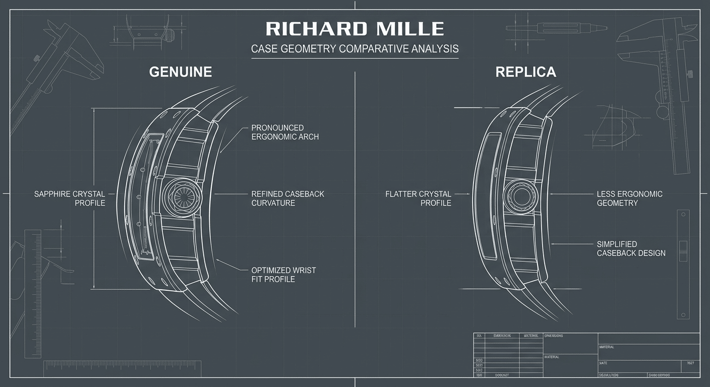 Side-by-side comparison line drawings highlighting the curvature differences between a genuine RM case profile and a typical replica's flatter profile
