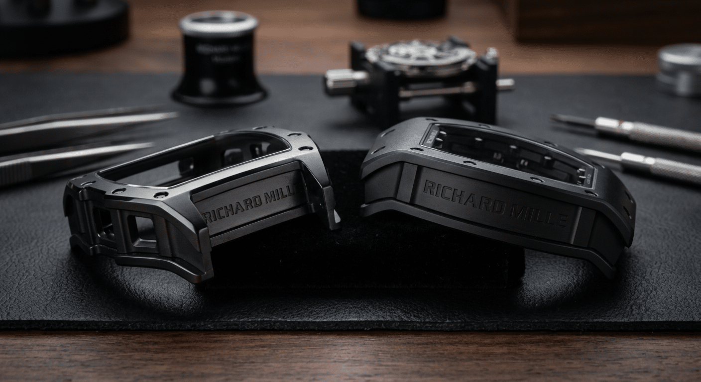 Close-up detail showing the surface texture and edge finishing on a replica ceramic case versus a genuine RM ceramic case, highlighting potential differences in sheen and sharpness