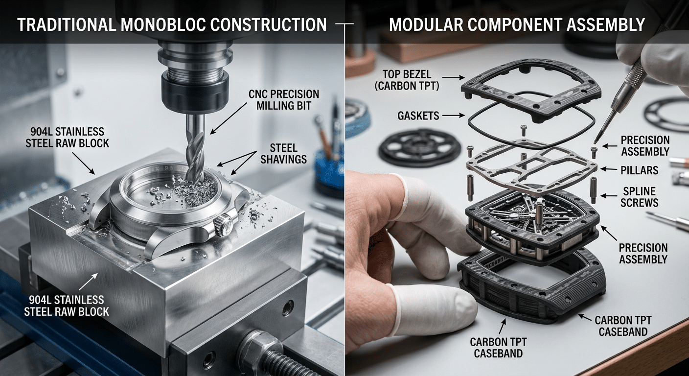 Side-by-side diagram showing a solid block being milled into a Rolex-style case versus multiple separate components being assembled into an RM-style caseband.