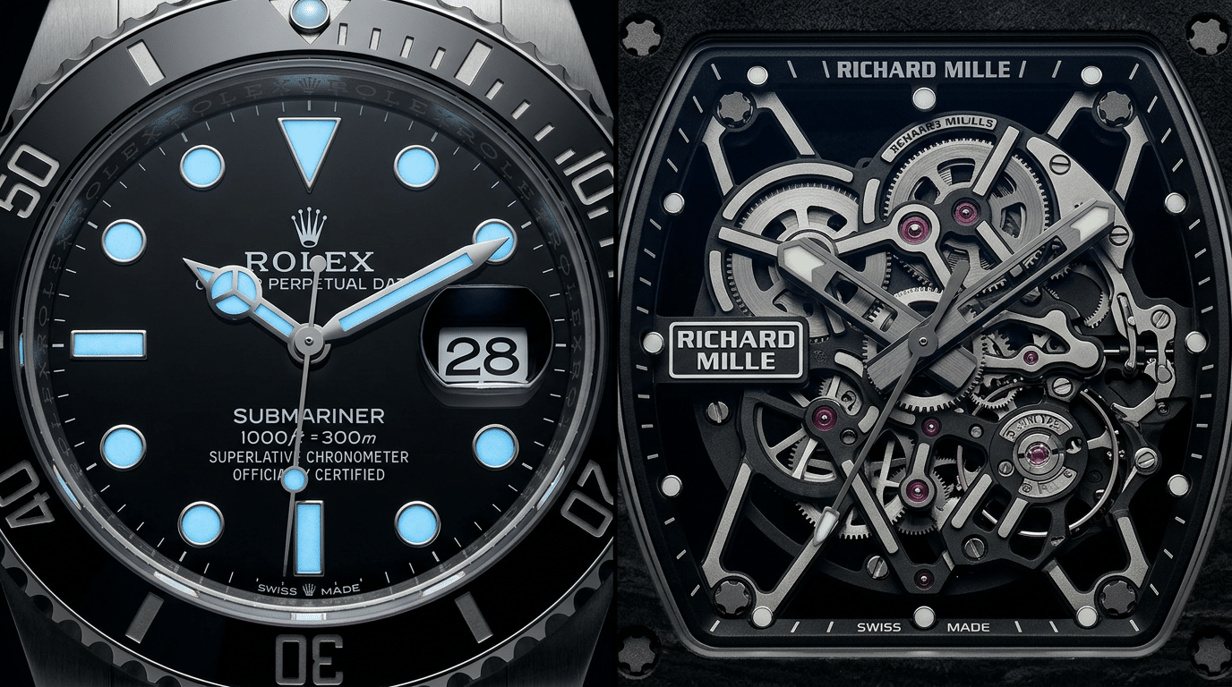 Close-up comparison of a Rolex Submariner dial surface details versus the multi-layered, structural depth of a Richard Mille skeletonized movement bridge.