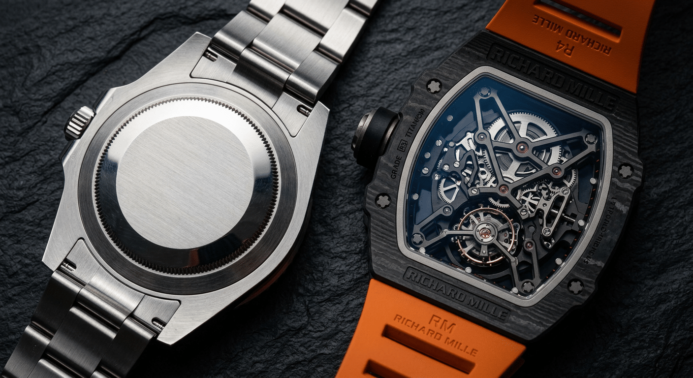 Comparison of a closed Rolex caseback versus the open, skeletonized view of a Richard Mille movement, highlighting the exposure of all components.