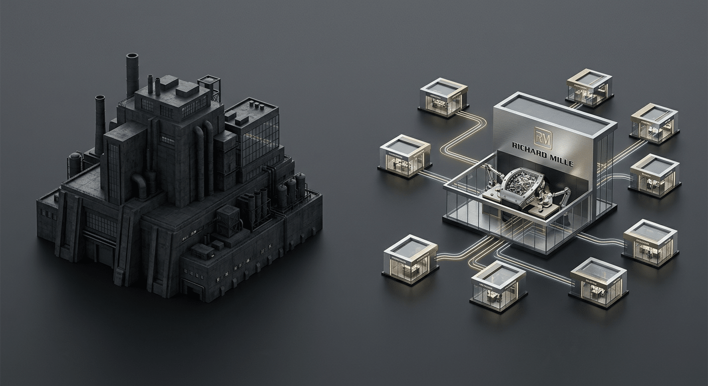 A diagram comparing a monolithic factory versus a network model, showing a single building versus multiple specialized workshops feeding into a central assembly point.