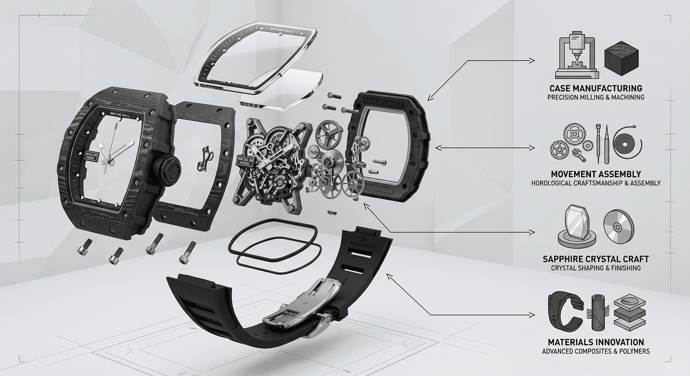 An exploded view of an RM replica watch with arrows pointing from each component (case, movement, crystal, strap) to icons representing different specialized workshops.