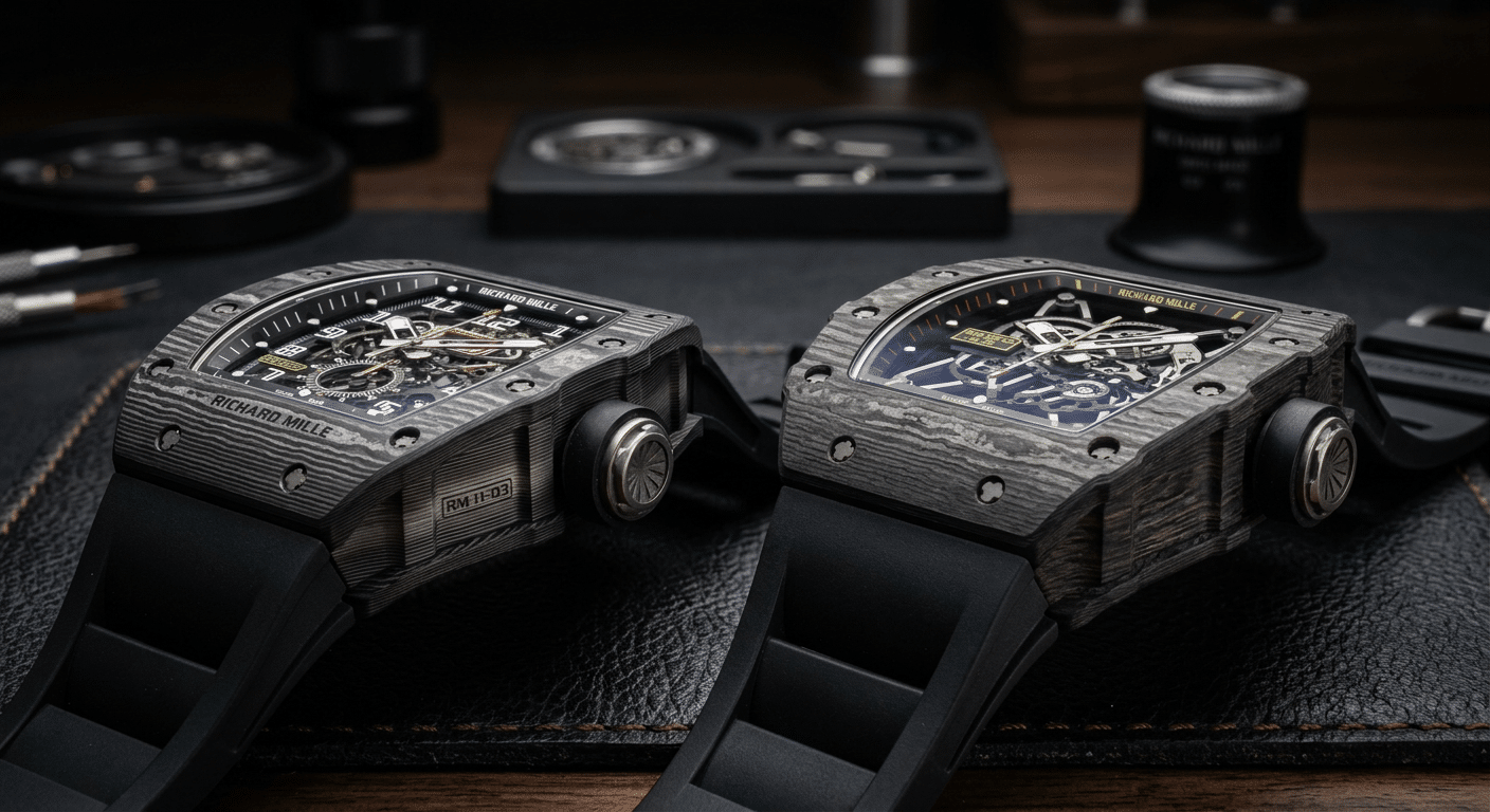 Side-by-side macro photographs of two RM replica cases from different batches, highlighting variations in carbon fiber weave pattern and surface texture.