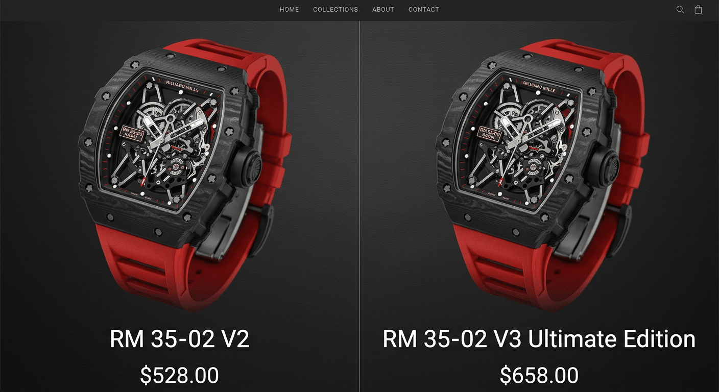 A split-screen image showing two nearly identical RM replica listings from a dealer website, one labeled "V2" and the other "V3 Ultimate," with similar photos and descriptions but different prices.
