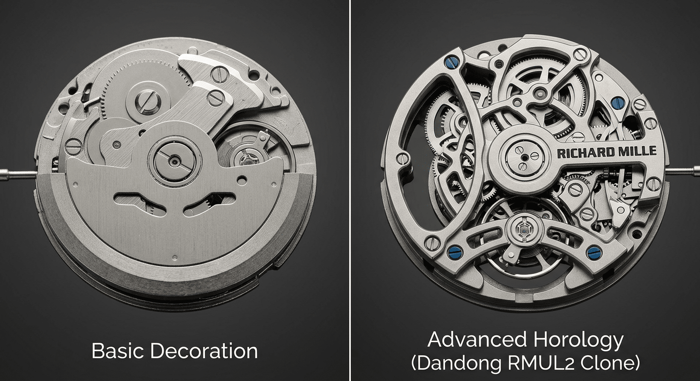 A side-by-side comparison of two RM clone movement photos: one showing a basic decorated 2813 with obvious plate design, and another showing the more complex, skeletonized architecture of a Dandong RMUL2 clone.