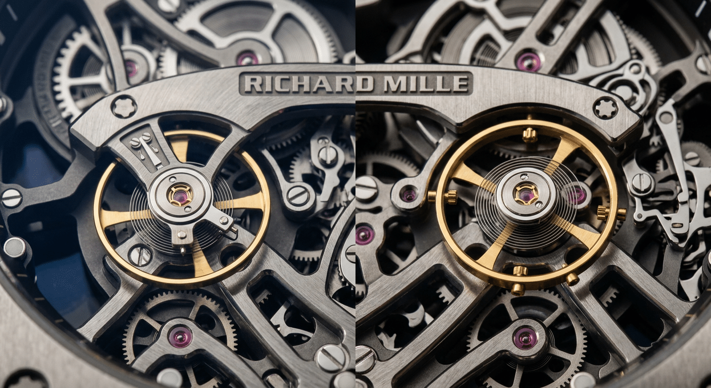 A detailed macro shot comparing a standard balance wheel with a regulator arm to a free-sprung balance wheel with timing weights, highlighting the key visual difference that signifies a major movement upgrade.