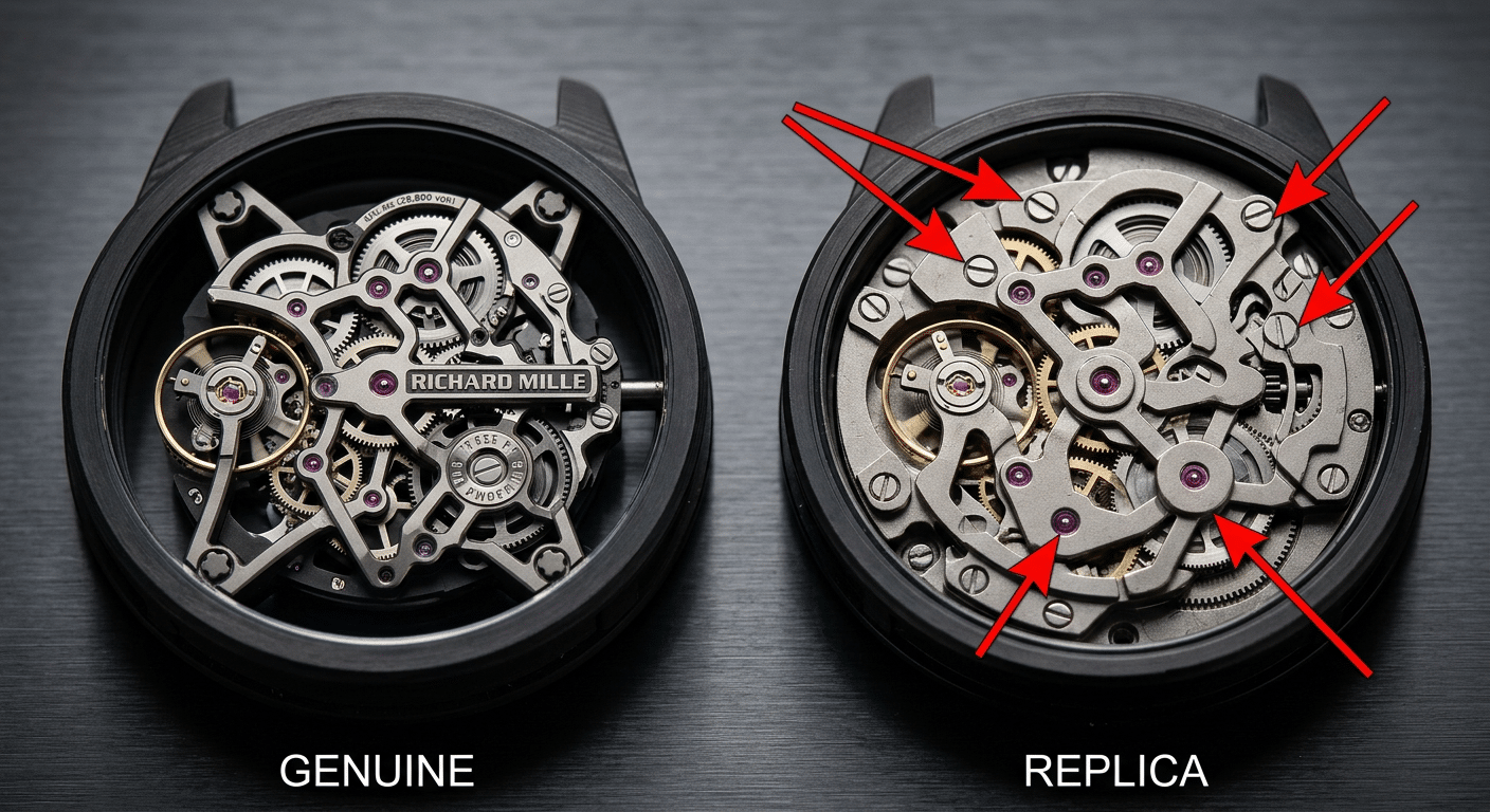 Side-by-side macro comparison of a genuine RM movement layout and a replica, with arrows highlighting areas of illogical "decoration" in the replica