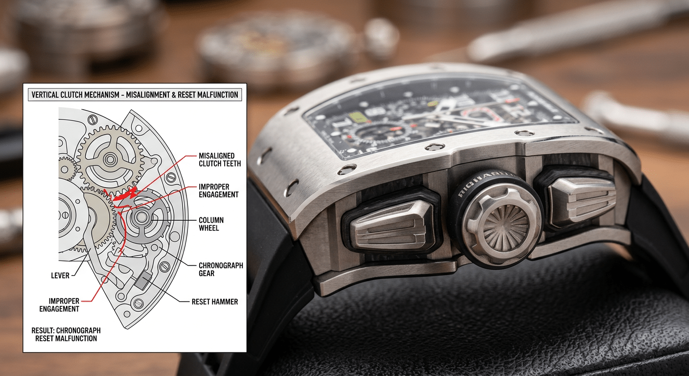 Close-up of a replica RM chronograph pusher, with an inset diagram showing how a poorly aligned clutch mechanism can cause reset issues