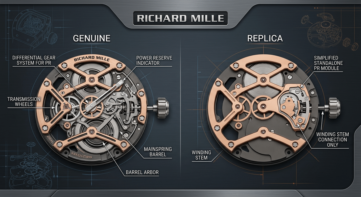 Diagram showing the difference between a genuine power reserve mechanism linked to the mainspring barrel and a replica's simple, standalone module connected only to the winding stem.