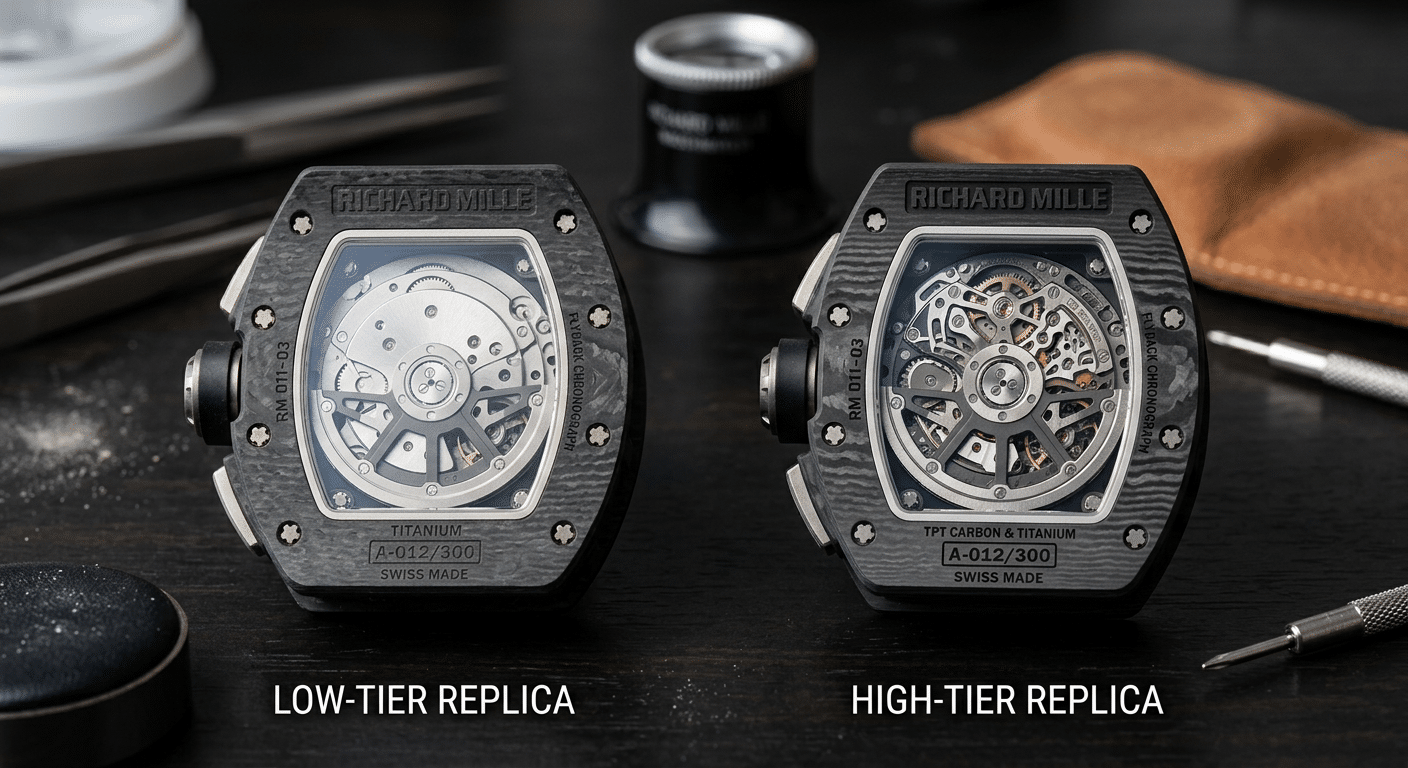 Side-by-side comparison of a low-tier and high-tier Richard Mille replica caseback, highlighting differences in screw alignment, engraving depth, and case profile.
