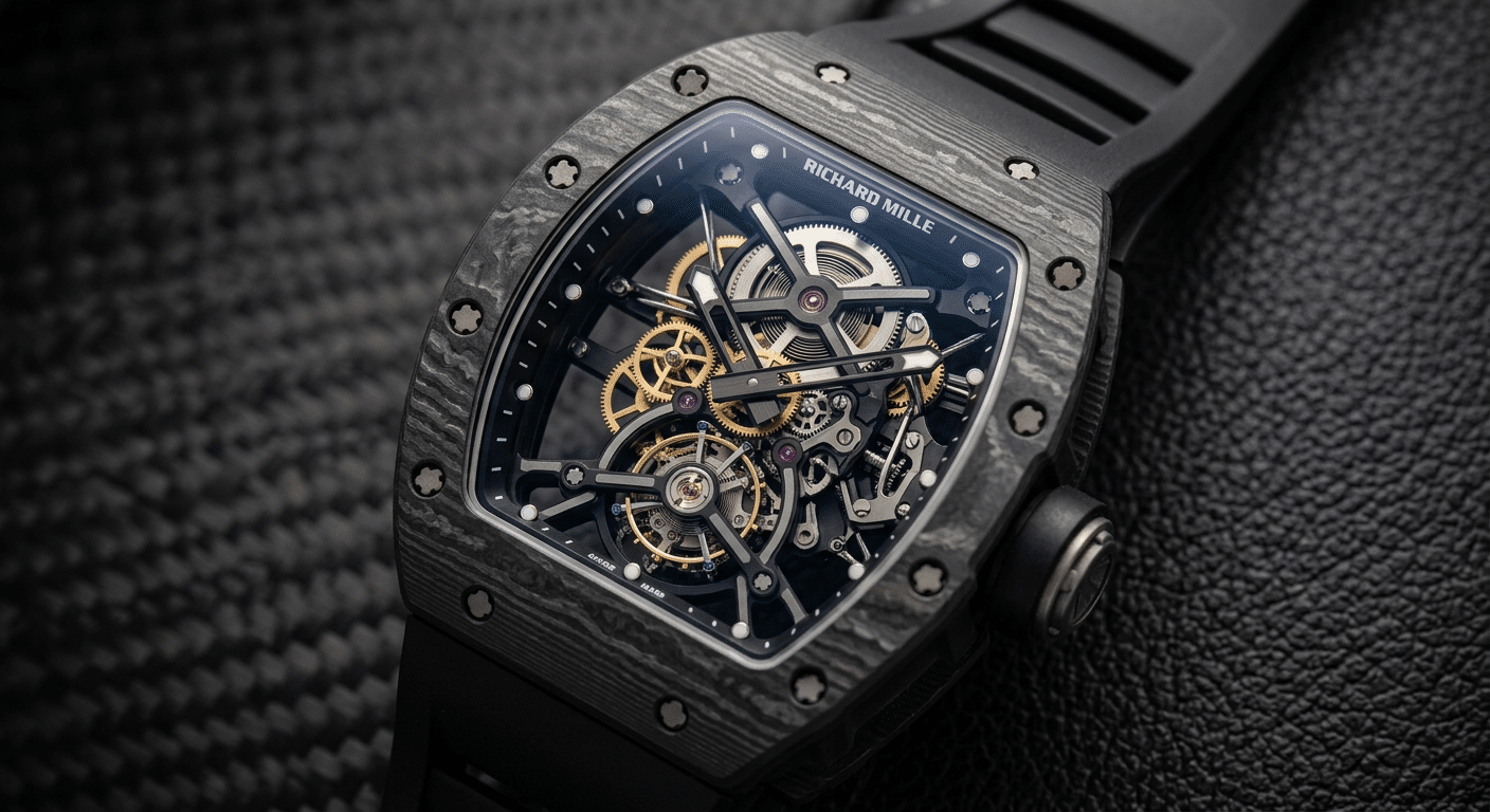 Close-up of a low-tier RM replica showing a thick case profile, printed "skeleton" dial on a static metal plate, and a plasticky strap.