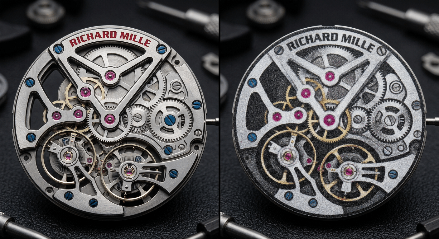 Macro shot comparing a decorated Seagull movement in a mid-tier rep vs. a printed dial from a low-tier rep, highlighting real gears vs. fake printed details.