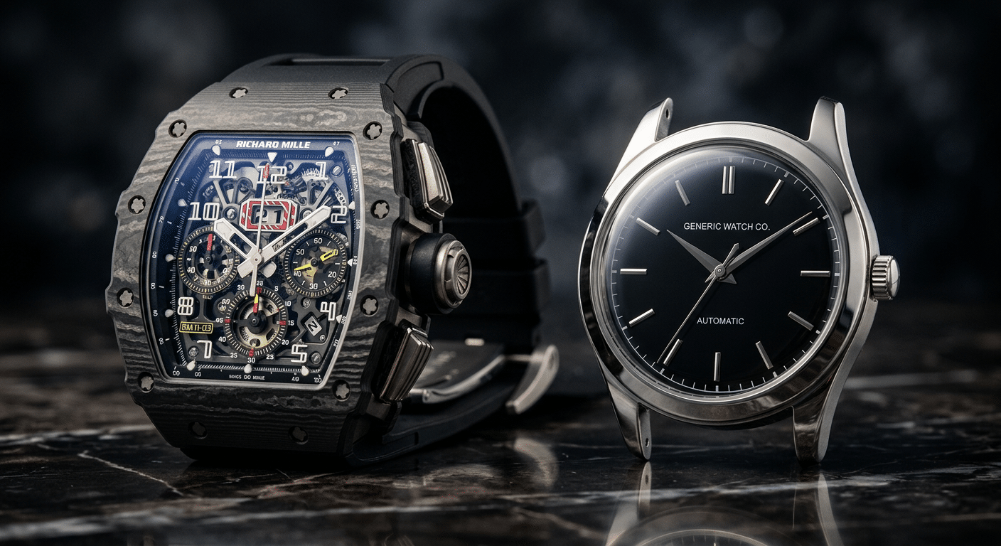 Close-up comparison showing the intricate, sharp edges of a Richard Mille case design next to a generic watch case, highlighting the increased surface area vulnerable to scratches and impact.