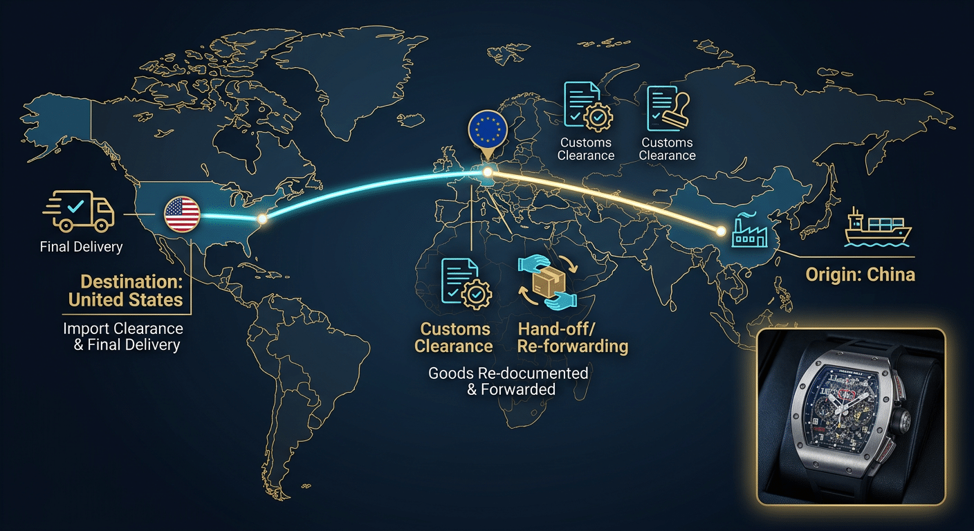 A diagram illustrating triangle shipping, showing a package path from China to an EU country, then to the US, with icons representing customs checks and hand-offs at each point.