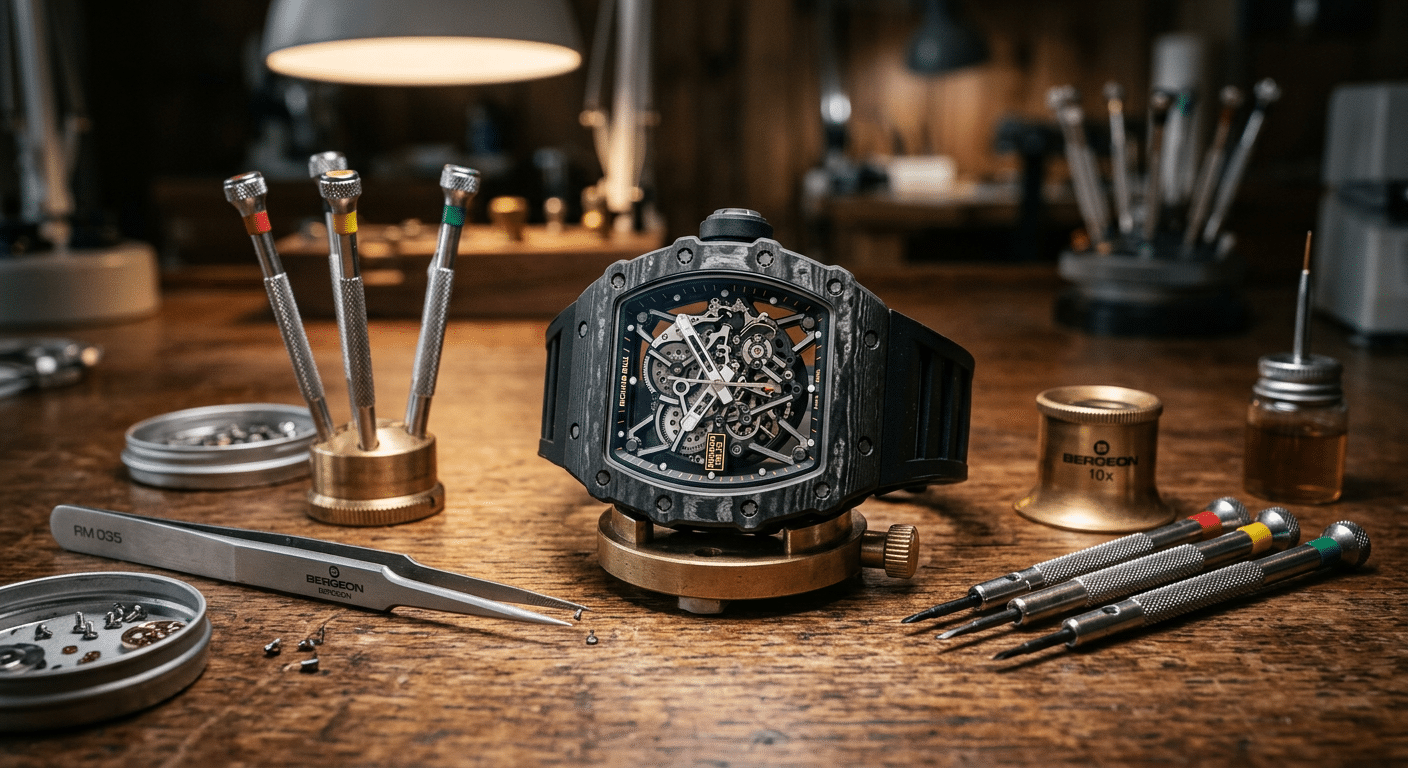 A watchmaker's bench with specialized tools next to a complex Richard Mille case, visually emphasizing the technical barrier to repair.