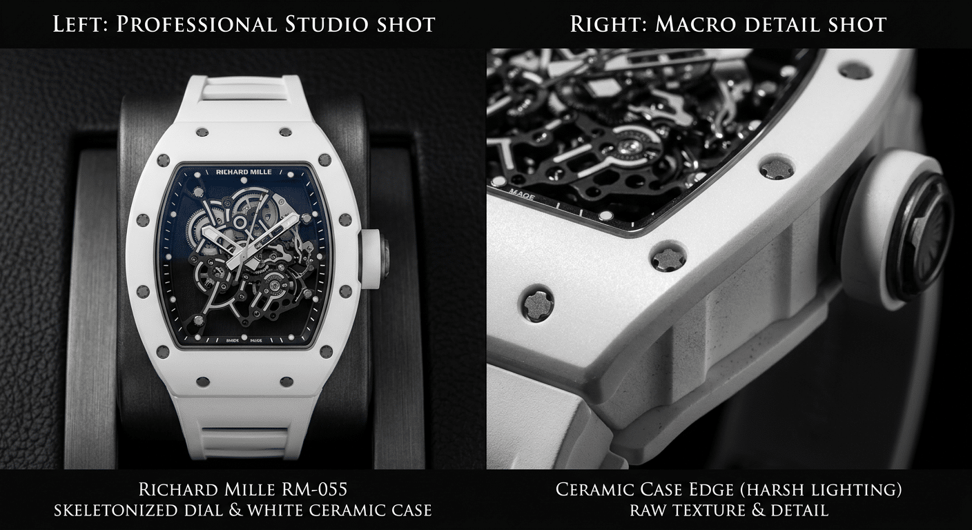 A side-by-side comparison: on the left, a professionally lit, flawless seller photo of a Richard Mille RM-055. On the right, a raw, close-up shot of the same watch's case edge under harsh light, revealing a slightly rough finish.