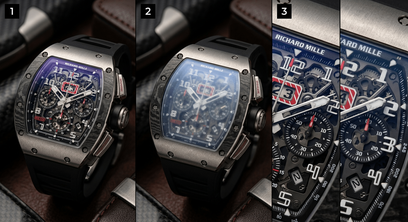 A series of three photos demonstrating crystal and dial analysis. 1: A watch crystal at an angle showing a faint, high-quality purple AR hue. 2: The same watch with a strong, milky blue haze indicating poor AR coating. 3: A macro shot of a sub-dial with crisp, sharp printing versus one with slightly fuzzy, uneven print.
