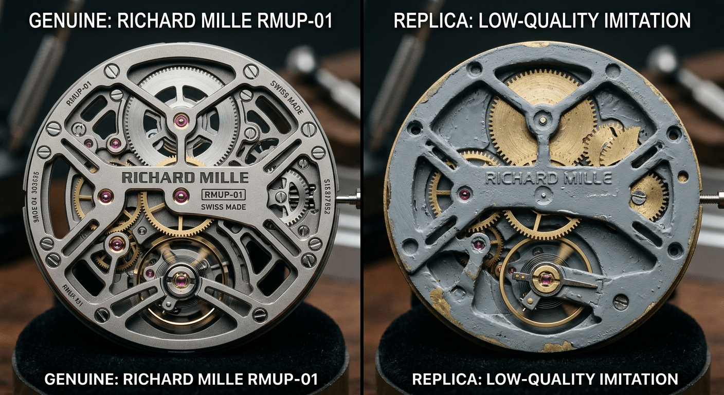 Macro shot comparison: Genuine RM RMUP2 movement with finely finished titanium bridges and geometric balance vs. a replica's decorated brass plate with painted gears and a standard regulator.