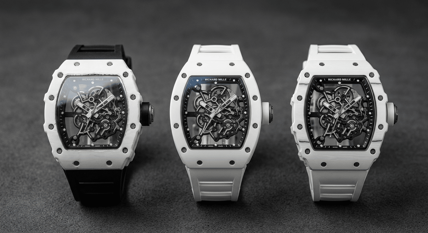 Three watches side-by-side on a neutral background: a blurry, low-tier RM from DHgate, a clean ZF factory RM 055, and a genuine RM 055. Highlights show the dramatic differences in case finish, dial clarity, and strap quality.