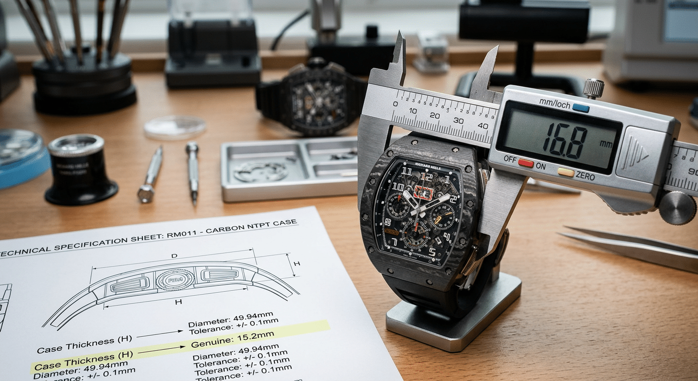 A digital caliper measuring the thickness of a Richard Mille replica case, with a readout showing 16.8mm next to a spec sheet indicating a genuine thickness of 15.2mm, visually highlighting the discrepancy.