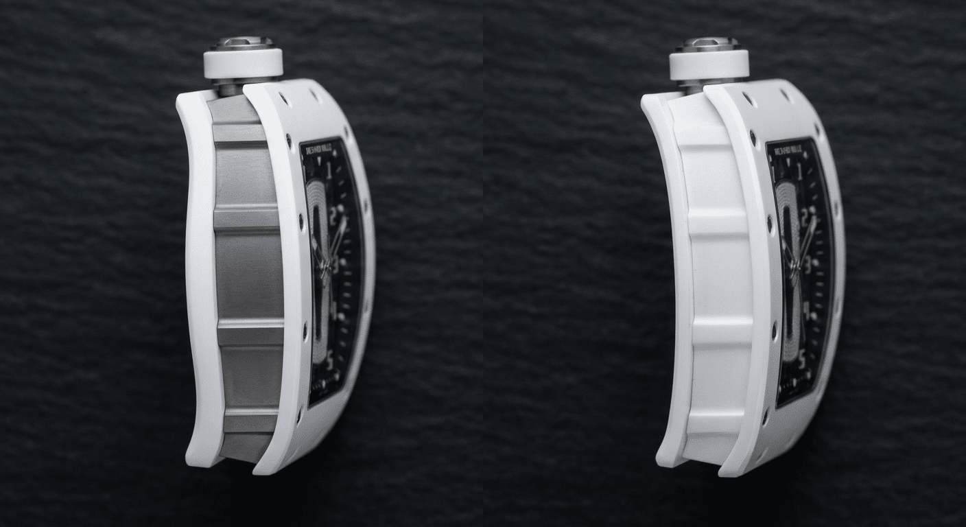 Close-up side profile comparison showing the case curvature of a genuine RM055 (left) and an APS replica (right), highlighting the subtle differences in the compound curve of the caseband.