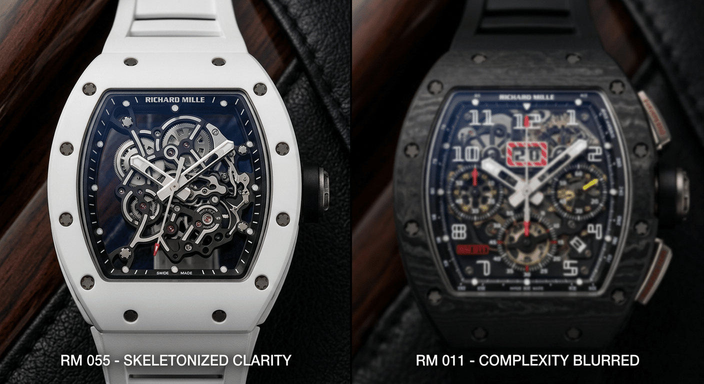 Comparison side-by-side: APS RM055 on left, a blurry image of a complex RM011 dial on right, highlighting visual clutter