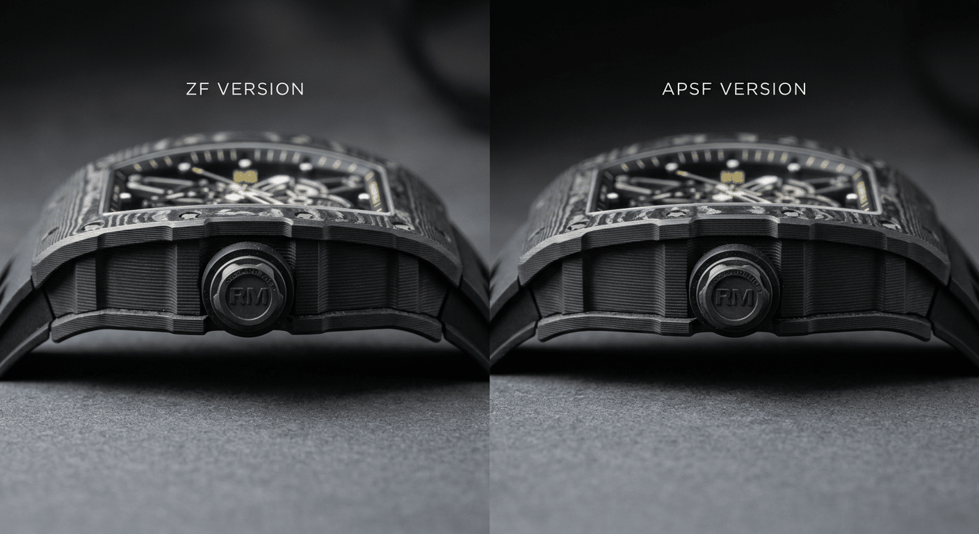 Side-by-side macro shot comparing the case profile and bezel thickness of a ZF RM 035 vs. an APSF RM 035