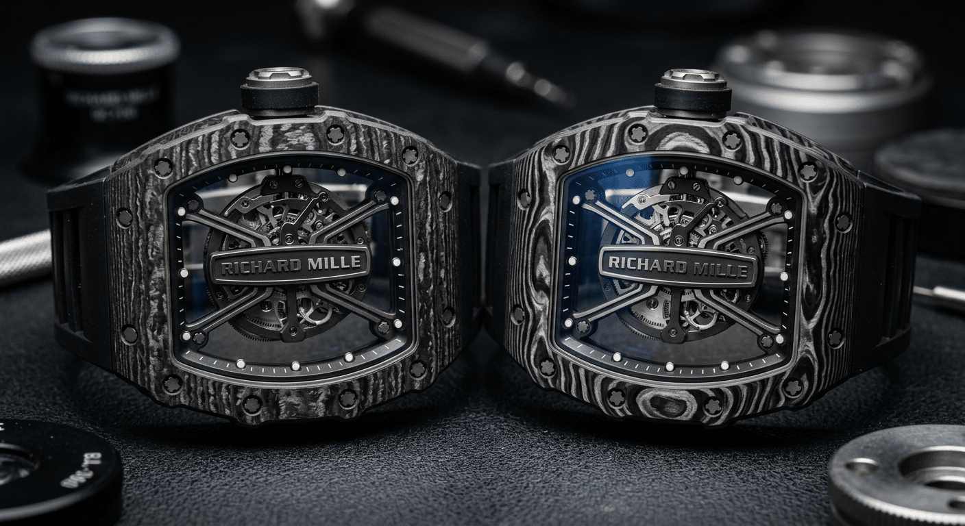 Macro comparison under angled light showing the surface texture and weave pattern of ZF carbon vs. APSF carbon