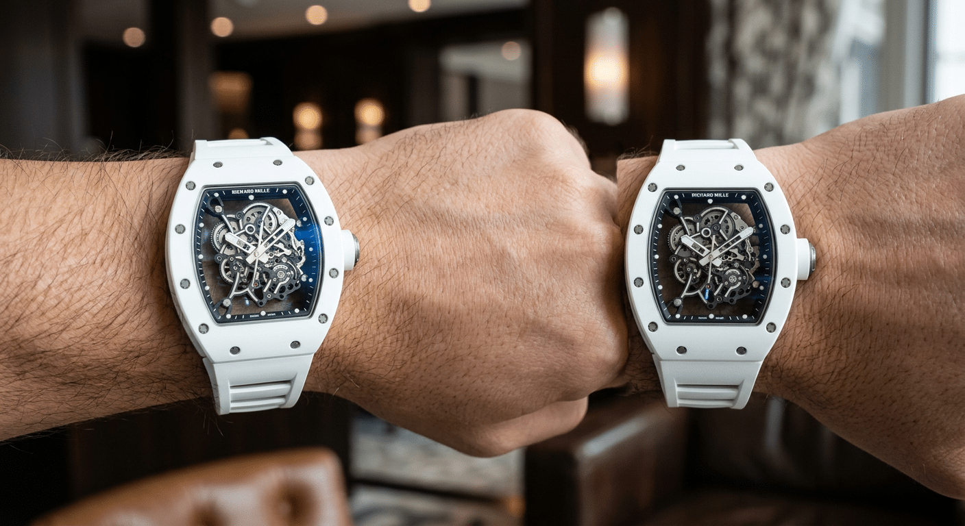 A side-by-side wrist shot of a ZF RM 055 and an APSF RM 055, highlighting the similar visual impact from a normal viewing distance.
