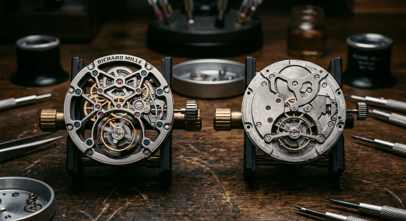 Macro side-by-side comparison of a JB RM tourbillon cage in motion versus a static "dummy" tourbillon from a lower-tier factory